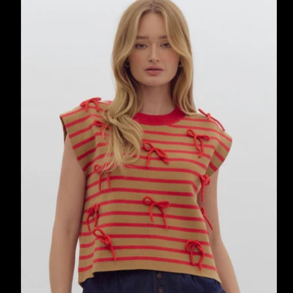 Like New Anthropologie Red and Tan Striped Bow Knit Top Size S